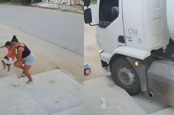 Mulher salva criança segundos antes de caminhão sem freio invadir calçada