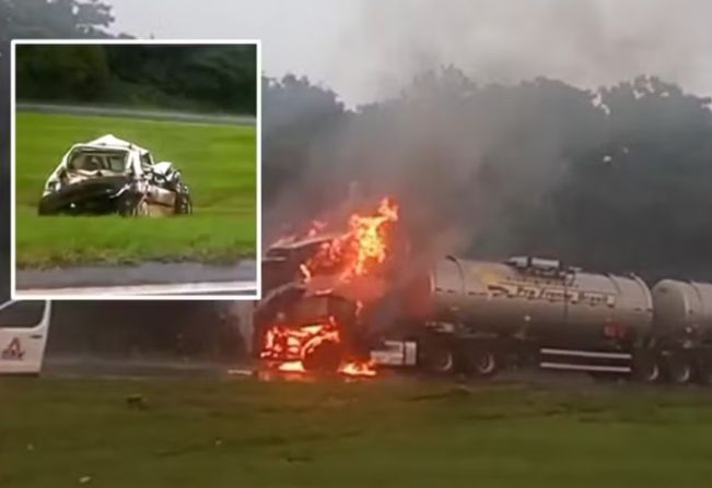 Grave engavetamento com quatro veículos deixa ferido, provoca incêndio e interdita rodovia